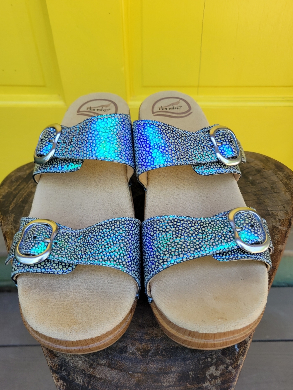 Dansko Sophie Iridescent Blue Leather Platform Slide Sandals EU 40 - Picture 2 of 13